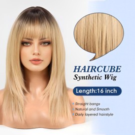 HAIRCUBE Women's Wig Straight Wigs for Women Shoulder Length Ombre Blonde Wig Synthetic Wigs with Bangs Daily Cosplay