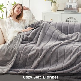 Cozy Bliss Deluxe Sheared Rabbit Faux Fur Throw Blanket, Soft Fuzzy High-Low Sculpted Plush Blanket for Couch, Cozy Home Accent, All Season Use, Grey 50"x60"