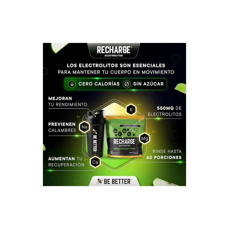 Be Better RECHARGE, Electrolitos En Polvo 60 Porciones, Sabor Manzana