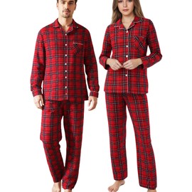 COSOUKE 100% Cotton Flannelette Winter Mens Womens Pyjamas Set Long Sleeve Matching Christmas Pajamas for Couples (Medium, Women, Red-Black Plaid)