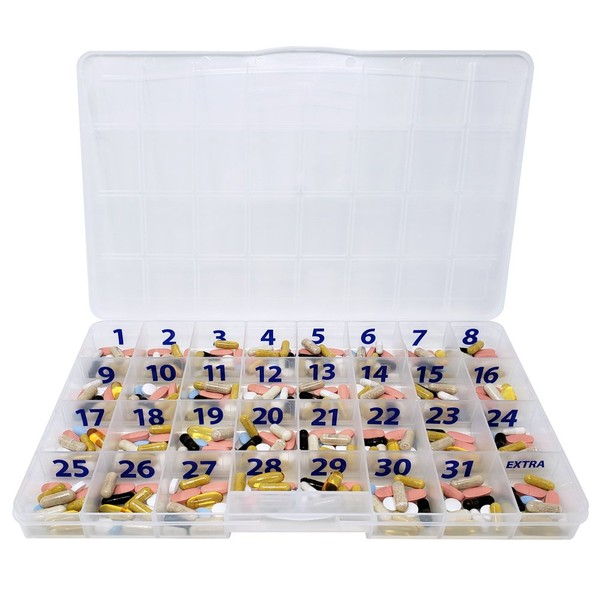 The Olympic Pill Organizer Case with Large Compartments & Stay Tight Lid - Monthly - 31 Day Pill Organizer *Free Medication Log Included! (Monthly)