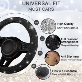 NBTEPEM 30 Pcs Black Bling Car Accessories Set for Women, Steering Wheel Cover Set, Bling Console Cover, Seat Belt Cushion, Shift Knob Cushion, Cup Holder Coaster, Rhinestone Car Hanging Accessories