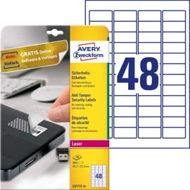 Avery Zweckform L6113-20 Anti-Tamper Security Labels 20 Sheets / 960 Labels / 45.7 x 21.2 mm White