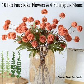 Neabuler Faux Kiku Flower, 10 Stems with 5 Heads Each & 4 Branches Eucalyptus Stems, Artificial Small Mini Chrysanthemum Flowers for Aesthetic Room Decor, Floral Arrangements Centerpiece, Beige