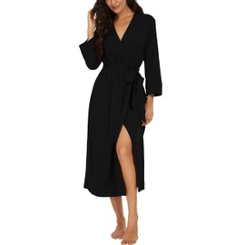 VINTATRE Women Kimono Robes Long Knit Bathrobe Lightweight Soft Knit Sleepwear Long Robe Woman V-neck Casual Ladies Loungewear Black-Medium