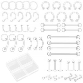 AWAVM 48Pcs Clear Piercing Retainers Jewellery Plastic Nose Tongue Nipple Belly Bars Eyebrow Lip Labret Stud Septum Hoops Cartilage Industrial Tragus Earring Retainer For Surgery