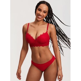 DOBREVA Women's Push Up Bra No Underwire Lace Comfortable Wireless Bras Padded Support Plunge Bralette Lipstick Red 38C