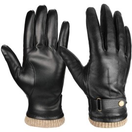 OZERO Mens Winter Gloves Nappa Leather Warm Wool Touchscreen Medium, Black
