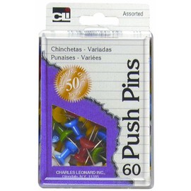 Charles Leonard Push Pins in Reusable Box, Assorted Colors, 60/Box (79060)