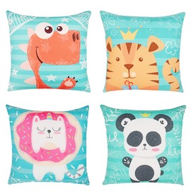FenFang Soft Flannel Cushion Covers 45 x 45 cm, Sofa Pillow Covers 18x18 Set of 4, Decorative Throw Pillow Cases, Square Pillowcase for Home Decor Couch Living Room Bed Car Kid (Green Animal)