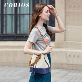 CORIOS Eimer Taschen Damen Henkeltaschen Canvas Schultertaschen PU-Leder Umhängetaschen Kordelzug Beuteltasche Messenger-Tasche Tote Beutel für Schule Arbeit Reise Shopper Mehrfarbig