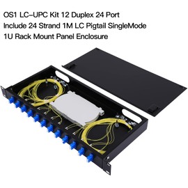 GESD 12 Duplex 24 Port LC-OS1 Rack Mount Enclosure Box + Splice Trays Fiber Cables Spool SingleMode LC-UPC Kit (Include 1M 24Strand Pigtail+24 Core LGX Loaded Patch Panel - Fits 19" Racks Cabinet