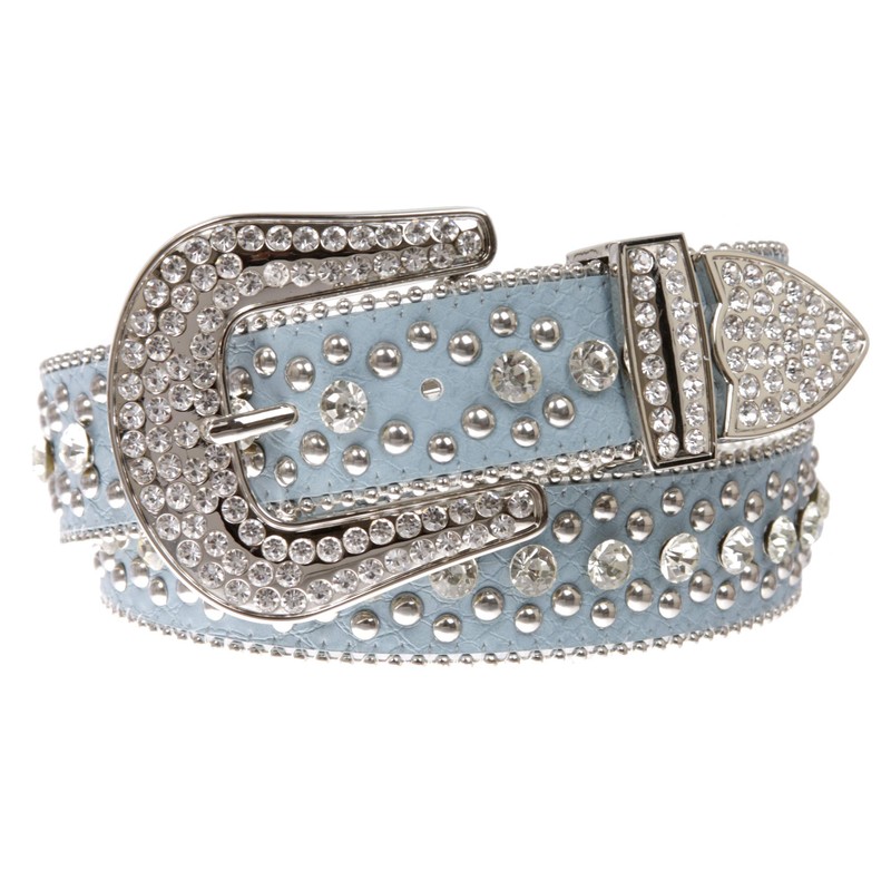 Cinturón de piel con tachuelas de cocodrilo para mujer, Azul