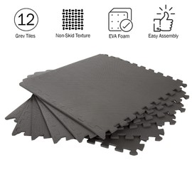 Foam Flooring Tiles 12-Pack Interlocking EVA Foam Pieces Non-Toxic Floor Padding for Playroom, Gym, or Basement by Stalwart (Gray)
