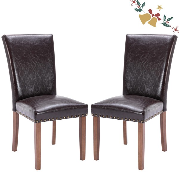 PU Leather Dining Chairs Set of 2, Upholstered Parsons Dining Room Kitchen Side Chair with Nailhead Trim and Wood Legs - Dark Brown