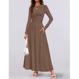 ZESICA Women's Long Sleeve Spring Maxi Dress 2025 Crewneck Knit Casual Slim Swing Pleated Dresses with Pockets,Brown,X-Large
