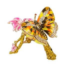 QIFU Hand Painted Butterfly Style Small Hinged Jewelry Trinket Box with Rich Enamel and Sparkling Rhinestones