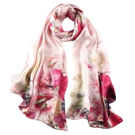 Story of Shanghai Women's Silk Scarf, 100% Silk, 20+ Colourful Luxurious Scarves, Warm & Soft, Silk Scarf, Pashmina, 53 x 170 cm - Elegant red flowers
