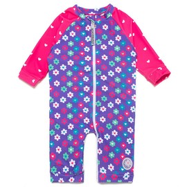 BONVERANO Baby Girl One-Piece Swimsuits Full Front Zip Sunsuit UPF50+ Sun Protection Long Sleeve with Swim Cap(PURPLEFLOWER,12-18 Months)