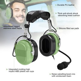 stdgove Noise Cancelling Pilot Headphone General Aviation Headset,NRR 24dB Anti-Noise Microphone,U174 Twin Plug(Light Green) (B)