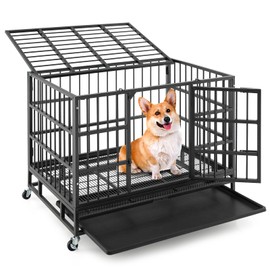 Tangkula 38 Inch Heavy-Duty Metal Dog Crate, Foldable Dog Kennel Crate with Lockable Wheels & Doors, Removable Tray, Indoor & Outdoor Chew-Proof Pet Crate for Medium & Large Dogs