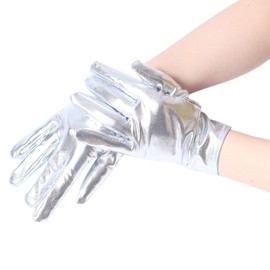 Achsoo Women Short Bridal Wedding Gloves Cosplay Opera Party Gloves Wrist Length (Silver(Patent Leather))