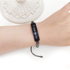 Yongxu Gear-Shaped Rainbow Hematite Cuff Bangle Adjustable Braided String with Faith Over Fear Engraved Plate, Inspirational Jewelry for Men and Women