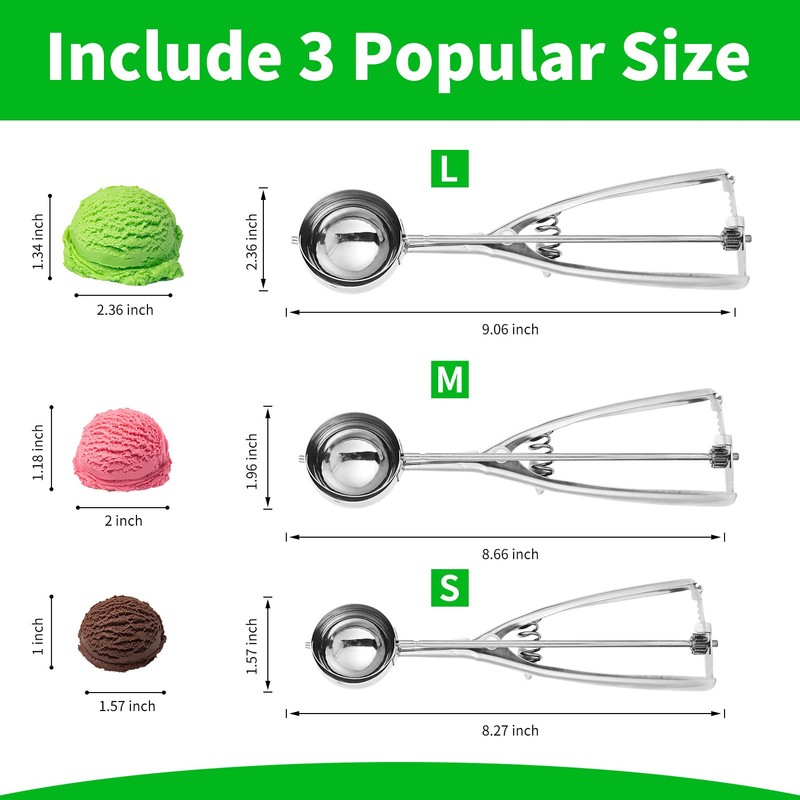 3PCS Ice Cream Scoop,Premium cookie scoop set,Small/Medium/Large stainless steel Scoops,Professional