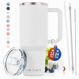 40 oz Tumbler With Handle and Straw Made of Stainless Steel - Double Wall Vacuum Insulated Tumbler With Lid - Sweat Proof Easy Grip, BPA-Free, Dishwasher Safe Tumbler (White)