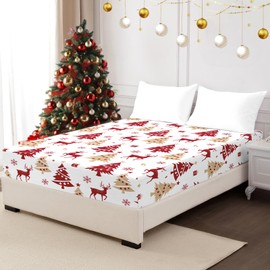 HCORA Christmas Twin Fitted Sheet Only - Premium 1800 Microfibre Reindeer Fitted Sheet Deep Pocket Up to 16" - Ultra Soft Fitted Bottom Sheet Shrinkage and Fade Resistant (Twin)