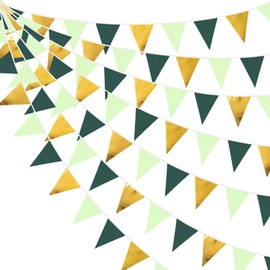 32Ft Dark Green Gold Bunting Banner Party Decorations Fabric Triangle Flag Pennant Garland Streamer for Birthday Wedding Spring Summer Botanical Baby Bridal Shower Nursery Outdoor Garden Hanging Decor