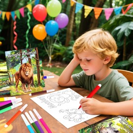 BACH AND BOOZY 9 Pieces Mini Colouring Books Bulk Jungle Safari Animals Party Fountain Pen with Pens Small Activity Books with Elephant Lion Zerb Giraffe Party Favors Birthday Accessories