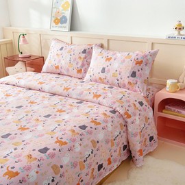 Full Size Sheet Set for Kids, 4-Piece Bed Sheet Set for Teens Boys Girls, Cartoon Printed Bedding Set, Microfiber Deep Pocket, Wrinkle & Fade Resistant, Cute Cats