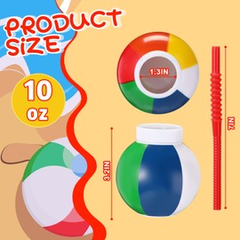 Amyhill 12 Set Beach Theme Party Supplies Beach Ball Favor Cups with Straws and Lids, 10 oz Plastic Swimming Pool Ball Cups Bulk for Kids Beach Birthday Theme Party Summer Pool Ball Party
