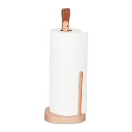 Relaxdays Standing Kitchen Roll Holder, Beech Wood, H x W x D: 35 x 13 x 13 cm, Roll Holder for Kitchen, Leather Handle, Natural