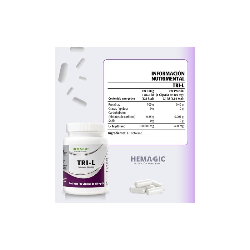 Tri Triptofano Puro 400 Triptófano Lisina Vitamina 100 Cápsulas Suplementos