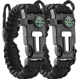 2 Pack Adjustable Paracord Bracelets Kit Ourtdoor Survival Bracelets Gift with Firestart Whistle Loudest Camping Compass