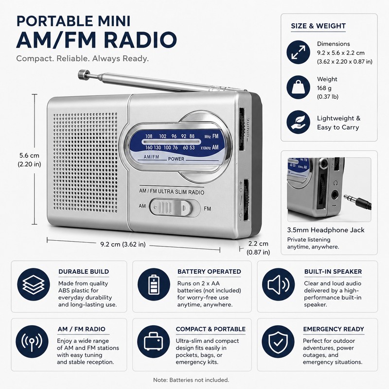 Mini AM/FM Portable Radio – Battery-Operated Pocket Radio with Built-In
