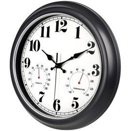 45MinST 13-Inch Vintage Outdoor Wall Clock with Thermometer and Hygrometer, Waterproof, Large Numbers, Silent, for Indoor and Outside Use,Porch,Garden,Pool(Black Frame with Silver Trim)