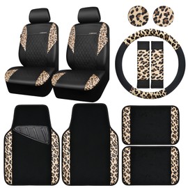CAR PASS Leopard Print Faux Leather Car Seat Covers & Leopard Car Mats&Leopard Steering Wheel Cover Seat Belt Pad Universal Car Accessories for SUV,Van,Saden,Truck Automobile Interior Sets