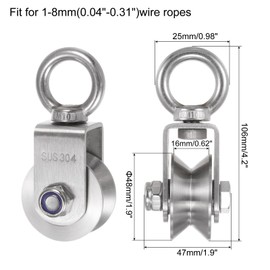 sourcing map Pulley Wheel 304 Stainless Steel, M48 V Type Duplex Bearing Rope Pulley Cable Pulley Roller for Pulley System, Gym Loading 400KG