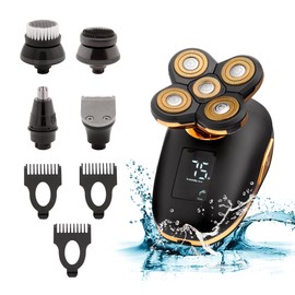 Maquinilla de afeitar eléctrica 5 en 1 para hombres y mujeres, recargable por USB y resistente al agua, incluye afeitadora giratoria de cabeza calva, recortadora de pelo de nariz, moldeadora de barba, cepillo de silicona y cepillo de limpieza