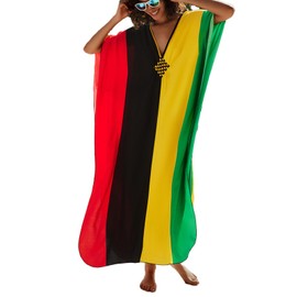 sunforyou Caftans Plus size Beach Maxi Dresses Kaftan Patchwork Red Black Swimsuit Cover up Soft Loungewear(8762)