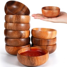 Skylety 10 Pcs Acacia Wooden Bowls Small Calabash Bowls Round Wood Salad Hand Carved Calabash Dip Tray for Serving Popcorn Pasta Candy Cereal Coconut Nuts Sauce Appetizers Kitchen (3 Inch)
