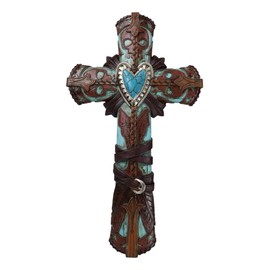 Ebros Gift Rustic Western Faux Leather Aztec Boot Design With Turquoise Stone Heart Wall Cross Decor Plaque Figurine Inspirational Accent