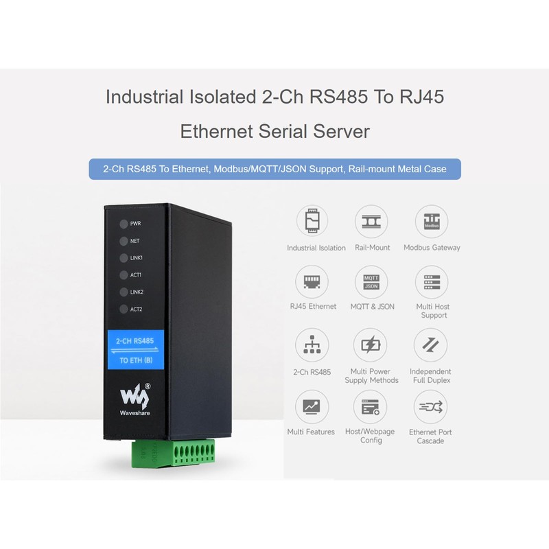 2-Ch RS485 to Ethernet Converter Industrial Isolated Serial Server, 2-Ch
