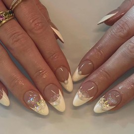 White French Press on Nails Almond Medium 3D Bear Artifical Acrylic Fake Nails Crystal Peach Pearl Design False Nails Full Cover Coffin Nails Glue on Nails for Women Nature Fit Stick on Nails Kit