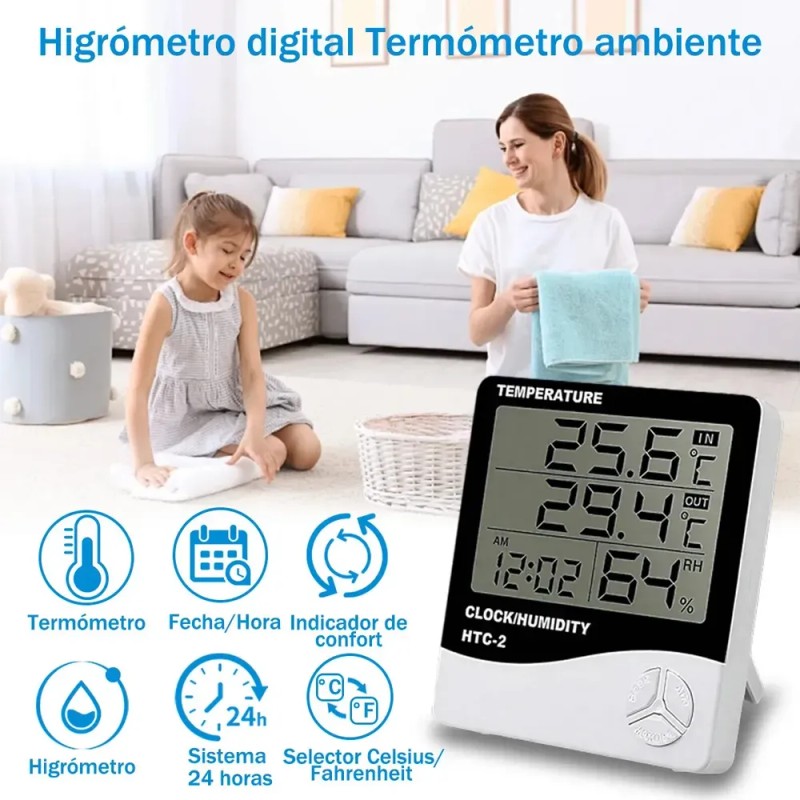 Termómetro Higrómetro Digital Interior Reloj Alarma Htc-2