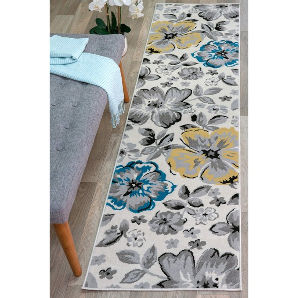 Modern Floral Runner Rug 2' X 7' 2" Cream