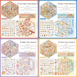 4 Sets 3D Scene Stickers Therapy for Adults, DIY 3D House Sticker Scene for Adults Teenagers Girls Children, Make Your Own Miniature House Scenes 3D Sticker Scene Relief Stress